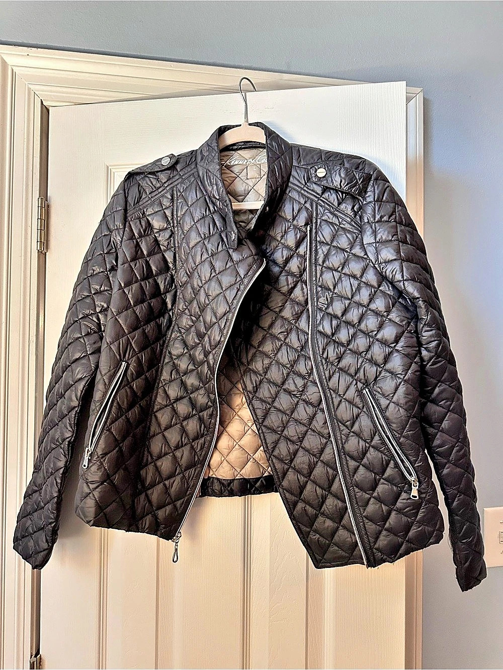 Kenneth Cole Quilted Moto-style Puffer Jacket in Black Large Like New